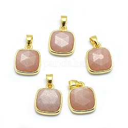 Pendentifs pierre de soleil naturelle, avec les accessoires en laiton de tonalité d'or, carrée, facette, 13x11x5mm, Trou: 3.5x5.5mm