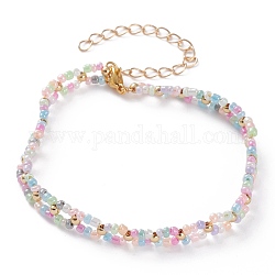 Bracelets ronds en perles de rocaille en verre de ceylan, avec 304 fermoir pince de homard en acier inoxydable et perles rondes en laiton, or, colorées, 8-1/4 pouce (21 cm)