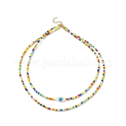 Collier double couche en perles de verre et œil de cheval en coquillage naturel pour femme, colorées, 15.75 pouce (40 cm)