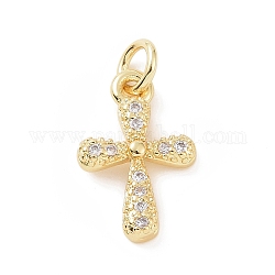 Ottone micro spianare fascino zirconi, con anello di salto, fascino croce di religione, oro, 14x9x2mm, Foro: 2.8 mm