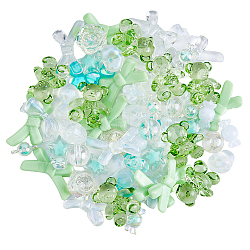 Superfindings 144 pièce de 18 styles de perles acryliques à ressort vert clair, nœud papillon, fleur transparente, bracelet, perle, collier en forme de cœur, perle d'ours pour la fabrication de bijoux, artisanat, cadeau d'anniversaire, trou : 1-3 mm