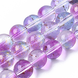 Chapelets de perles en verre peinte par pulvérisation transparent, avec une feuille d'or, ronde, support violet, 10~11mm, Trou: 1.4~1.6mm, Environ 39~42 pcs/chapelet, 14.84 pouce ~ 15.27 pouces (37.7~38.8 cm)