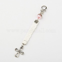 Glass Pearl Pendant Decorations Backpack Charms, with Tibetan Style Cross Pendants, Korean PU Cord and Alloy Lobster Claw Clasps, Pink, 110mm