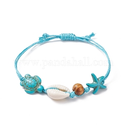 Bracelets réglables en cordon de coton ciré, avec des perles de cauris, Perle en bois, perles synthétiques turquoise (teintes), étoile de mer / étoiles de mer et tortue, turquoise (teint), 3/4 pouce (1.8 cm) ~ 2-3/4 pouces (7 cm)