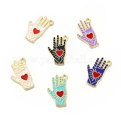 Alloy Enamel Pendants, Hand with Heart Pattern, Platinum, Golden, Mixed Color, 21.5x14x1.5mm, Hole: 1.6mm