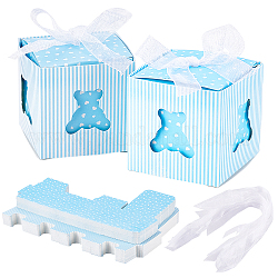 Pandahall Elite Papier Geschenkbox, mit Band, Faltschachteln mit Bärenmuster, Hochzeitsdekoration, Licht Himmel blau, fertiges Produkt: 5x5x5cm