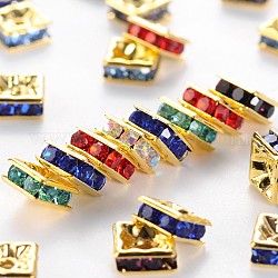 Brass Rhinestone Spacer Beads, Grade A, Golden Metal Color, Square, Mixed Color, 6x6x3mm, Hole: 1mm