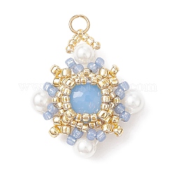 Pendentifs tressés en verre et coquillage k9, perles et graines, breloques de losange, bleu clair, 25.5x23x7mm, Trou: 2mm