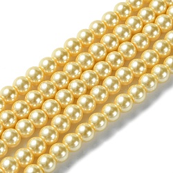 Hebras de perlas de vidrio teñidas ecológicas, Grado A, redondo, cordón de algodón rosca, amarillo, 6mm, agujero: 1.2~1.5 mm, aproximamente 70 pcs / cadena, 15.7 pulgada