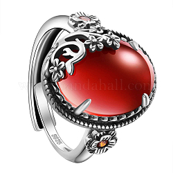 Shegrace 925 anillos ajustables de plata esterlina, con granate natural, ovalada con flores, plata antigua, rojo, nosotros tamaño 9, diámetro interior: 19 mm