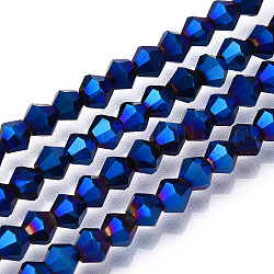 Abalorios de vidrio electrochapdo, arco iris chapado, bicono facetados, azul chapado, 4x4.5mm, agujero: 1 mm, aproximamente 92~96 pcs / cadena, 13.78~14.37 pulgada