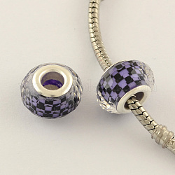 Mosaic Pattern Resin European Beads, with Silver Color Plated Brass Double Cores, Large Hole Rondelle Beads, Faceted, Mauve, 14x9mm, Hole: 5mm