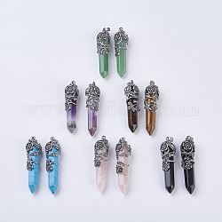 Natural & Synthetic Gemstone Pointed Pendants, with Antique Silver Plated Brass Findings, Faceted, Bullet, Flower, 58~61x15~17mm, Hole: 5x7mm