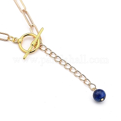 Lariat Necklaces, with Round Natural Lapis Lazuli Beads, Brass Toggle Clasps, Iron Paperclip Chains and Cardboard Box, Golden, 16.33~16.53 inch(41.5~42cm)