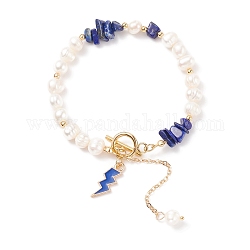Armband aus natürlichen Lapislazuli-Splittern und Perlen mit Emaille-Blitzanhängern, Edelsteinschmuck für Damen, golden, 7-5/8 Zoll (19.5 cm)