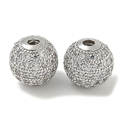 Perles de zircone cubique micro pave en Laiton, ronde, platine, 10x9.5mm, Trou: 2mm