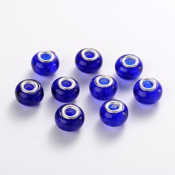 Handmade Lampwork European Beads, with Silver Plated Brass Core, Rondelle, Dark Blue, 14x10mm, Hole: 5mm