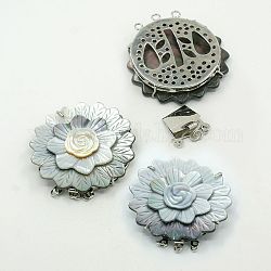 Sea Shell Box Clasps, with Brass Settings, Flower, Platinum Metal Color, Mixed Color, 48x46x12mm, Hole: 3mm