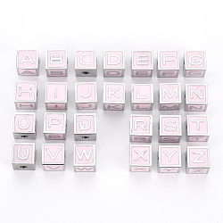 304 Stainless Steel Beads, with Enamel, Pink, Cube with Letter, Stainless Steel Color, Letter A~Z, 7x7x7mm, Hole: 2mm