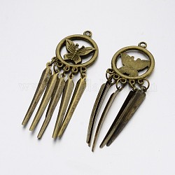 Tibetan Style Alloy Flat Round with Butterfly Big Pendants, with Iron Leaf Charms, Nickel Free, Antique Bronze, 60x19x3mm, Hole: 2mm