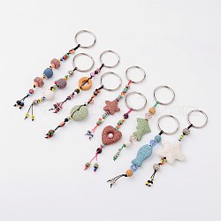 Natural Lava Rock Beads Keychain, with Iron Ring and Alloy Findings, Mixed Color, 135~170mm