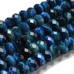 Chapelets de perles d'œil de tigre naturel, facette, teinte, rondelle, bleu, 8~8.5x5~5.5mm, Trou: 1mm, Environ 71 pcs/chapelet, 15.31'' (38.9 cm)