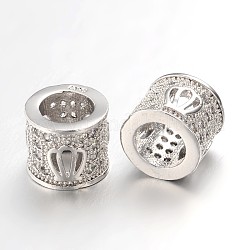 Perles européennes creux en laiton avec zircone cubique de micro pave, grandes perles de colonne de trou, sans plomb et sans nickel, platine, 7x8mm, Trou: 4.5mm