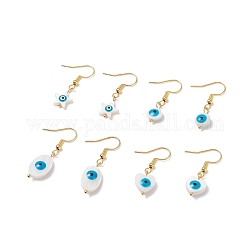 Aretes colgantes de conchas naturales mal de ojo con esmalte, chapado en oro 304 joyería de acero inoxidable para mujer, forma mixta, blanco, 32~39mm, pin: 0.6 mm