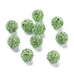 Perles de strass en argile polymère, Perles de boule pavé disco , Grade a, ronde, pp 15, péridot, 10mm, Trou: 1.8~2mm