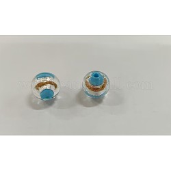 Perles vernissées de feuille en argent manuelles, avec du sable d'or, ronde, bleu ciel, 12x11mm, Trou: 1.8mm