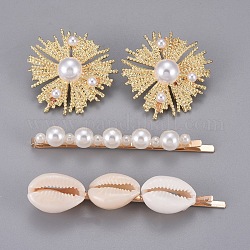 Eisen Haarspange und Ohrstecker Schmuck-Sets, mit Acrylperlenimitat und Kaurimuschel Perlen, 70x8 mm, 73x14.5 mm, 35 mm, Stift: 0.6 mm