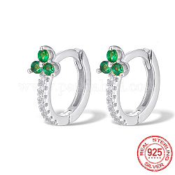 Rhodium Plated Platinum 925 Sterling Silver Micro Pave Cubic Zirconia Hoop Earrings, Clover, Lime Green, 12x10x1mm