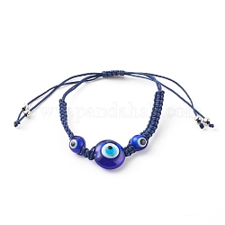 Verstellbare Nylonschnur geflochtenen Perlen Armbänder, mit bösen Blicken Bunte Malerei Perlen und Messingperlen, Platin Farbe, Blau, Innendurchmesser: 1-1/4~3-1/2 Zoll (3.3~9 cm)
