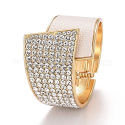 Crystal Rhinestone Chunky Wrap Wide Cuff Bangle, Hinged Open Bangle with PU Leather for Women, Light Gold, White, Inner Diameter: 2-1/8x2-1/4 inch(5.3x5.6cm)