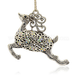 Antique Silver Plated Alloy Rhinestone Sika Deer Hollow Big Pendants, Crystal AB, 61x51x11mm, Hole: 2.5mm