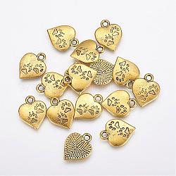 Tibetan Style Alloy Pendants, Lead Free & Nickel Free & Cadmium Free, Heart with Paw Print, Antique Golden, 17x13x2mm, Hole: 3mm