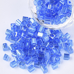 6/0 perline di vetro, lucentezza di colori trasparenti, foro quadrato, cubo, dodger blu, 6/0, 3~5x3~4x3~4mm, Foro: 1.2~1.4 mm, circa 4500pcs/scatola