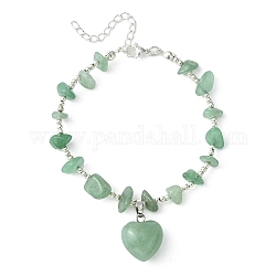 Bracciale con ciondolo a forma di cuore con avventurina verde natura e catenelle con perline, Bracciale in ottone, 9 pollice (22.8 cm)