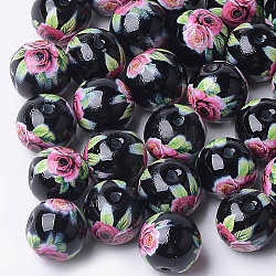 Perle di vetro stampate e verniciate a spruzzo, tondo con motivo floreale, nero, 10~10.5x9.5mm, Foro: 1.6 mm