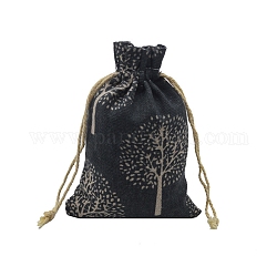 Sacs de rangement en coton et lin, poches à cordon, sac d'emballage, modèle de l'arbre de vie, noir, 18x13 cm