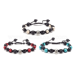 3Pcs 3 Color Round Synthetic Turquoise(Dyed) Braided Bead Bracelets Set with Alloy Skull, Gemstone Jewelry for Women, Mixed Color, Inner Diameter: 2-1/4~3-1/4 inch(5.6~8.4cm), 1pcs/color