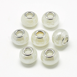 Perles européennes vernissées manuelles, avec doubles noyaux de cuivre, Perles avec un grand trou   , rondelle, platine, blanc crème, 13~14x10~11mm, Trou: 5mm