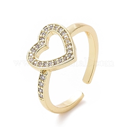 Anello con polsino aperto a cuore aperto con zirconi cubici trasparenti, gioielli in ottone per le donne, oro, diametro interno: 17.2mm