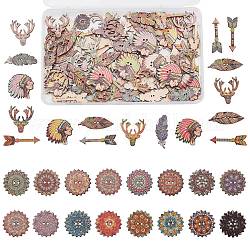 Gorgecraft 150 pièces 6 pièces boutons en bois imprimés à 2 trous, pour la couture d'artisanat, teinte, fleur et flèche et indien et cerf et plume, colorées, 19.5~44x15~30.5x1~2.5mm, Trou: 1.2~1.8mm