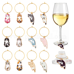 Chat alliage émail verre à vin breloques, avec les accessoires de boucles d'oreilles créoles en laiton , couleur mixte, 54~60mm, 2 couleurs, 12 pcs / couleur, 24 pièces / kit