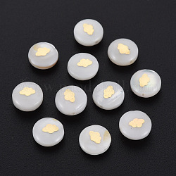 Perles de coquillages naturels d'eau douce, avec des ornements en métal en laiton doré, plat rond avec la paume, couleur de coquillage, 8x4.5mm, Trou: 0.6mm