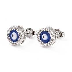 Blaue Ohrstecker aus Messing mit bösem Blick, Zirkonia-Ohrringe für Mädchenfrauen, Echt platiniert, 8 mm, Stift: 0.7 mm