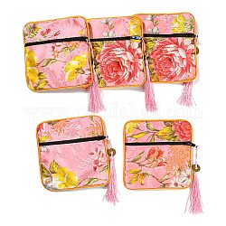 Almacenamiento de joyas de tela floral de estilo chino bolsos de mano, estuche de regalo de joyería cuadrado con borla, para pulseras, pendientes, anillos, patrón aleatorio, rosa, 115x115x7mm