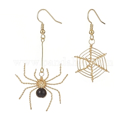 Boucles d'oreilles pendantes en onyx noir naturel, bijoux en laiton pour femmes, araignée et toile d'araignée, 43.5~62.5mm, pin: 0.6 mm