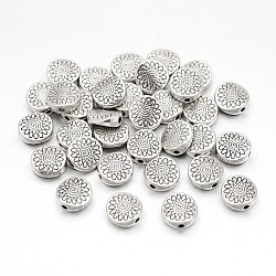 Tibetischer stil legierung perlen, Cadmiumfrei und Nickel frei und Bleifrei, flach rund mit Blume, Antik Silber Farbe, 8.5x8.5x3.5 mm, Bohrung: 1.5 mm